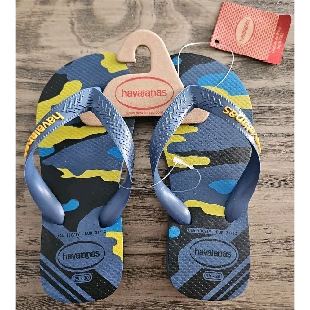 Havaianas Boys Size 1 Year 29-30 Flip Flops Blue Yellow Camo